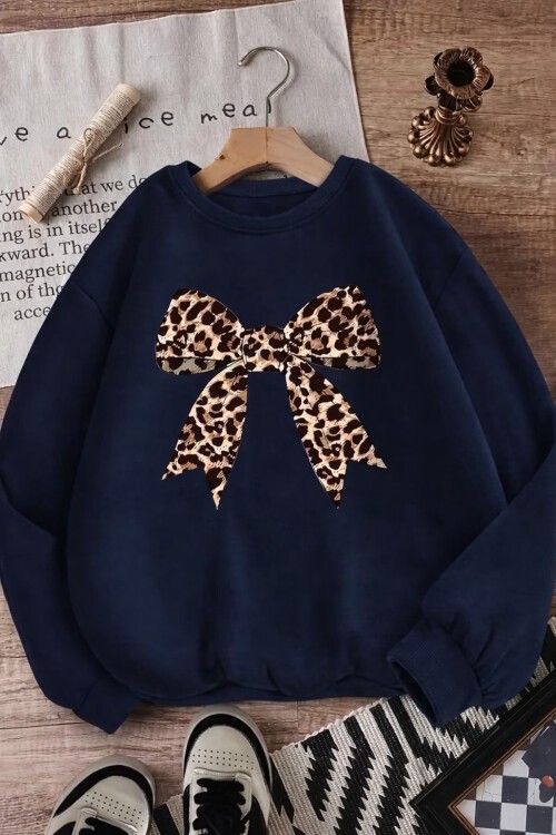 Leopar Fiyonk Baskılı 3Üç İplik Oversize Sweatshirt