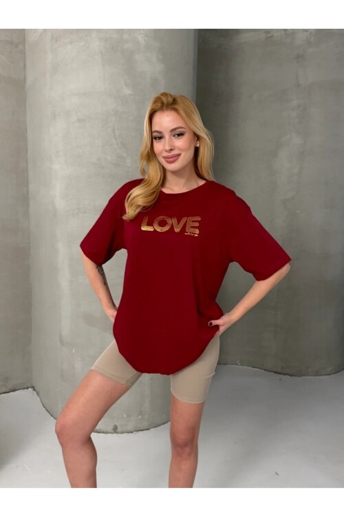 Love Baskılı Oversize Kadın Tişört – Kırmızı