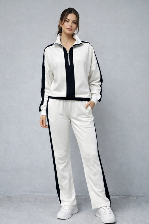 Modal Kumaş Yarım Fermuarlı Şeritli Eşofman Takımı Beyaz