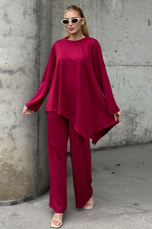 Rahat Kalıp Asimetrik Bluz Ve Pantolon Modal Kumaş Takım Bordo