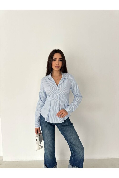 Slim Fit Düğmeli Pens Detay Çizgili Gömlek
