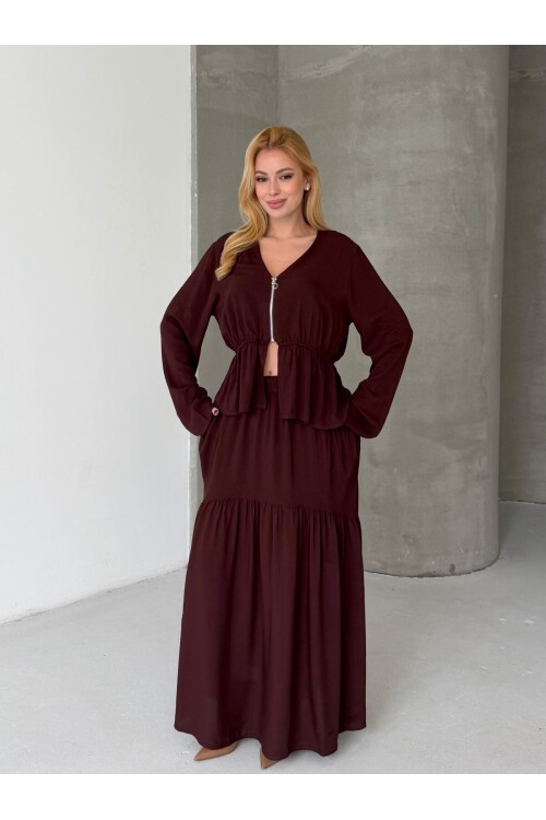 Viskon Kumaş Fermuar Detaylı Alt Üst Takım Kahve