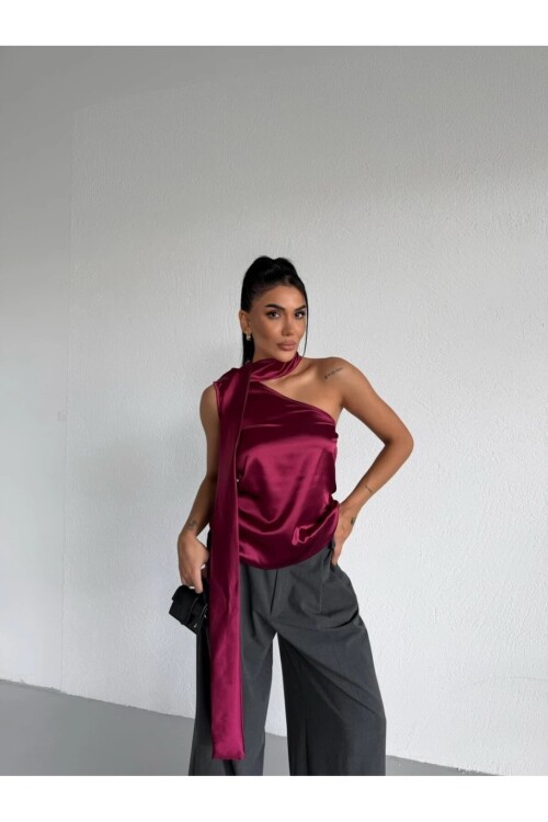 Yaka Detay Saten Bluz Bordo