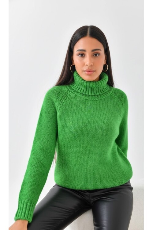 Yeşil Balıkçı Yaka Oversize Triko Kazak