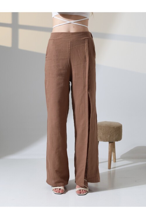 Yırtmaçlı Müslin Pantalon Kahve