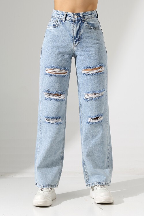 Yüksek Bel Yırtık Detaylı Mom Jean