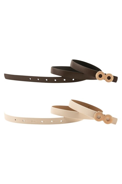 Zincir Desenli Çift Halka Tokalı Deri Görünümlü İkili Set Kahverengi_Bej Kadın Kemeri