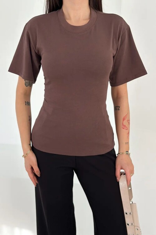 Bağlama Detaylı Kısa Kollu Tişört Kahverengi