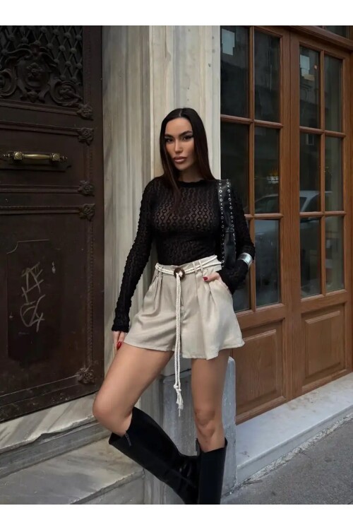 Bej Yüksek Bel Halat Kemer Detaylı Pileli Kadın Şort