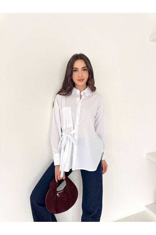 Beyaz Bağlama Detaylı Oversize Gömlek – Modern Kesim Şık Kadın Gömlek