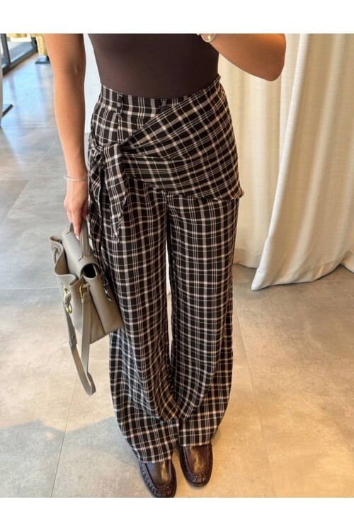 Ekose Desenli Bağlama Detaylı Yüksek Bel Pantolon – Şık & Rahat Kesim