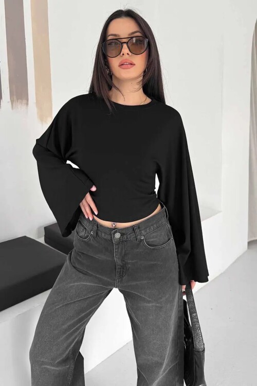 Geniş Kol Crop Bluz Siyah