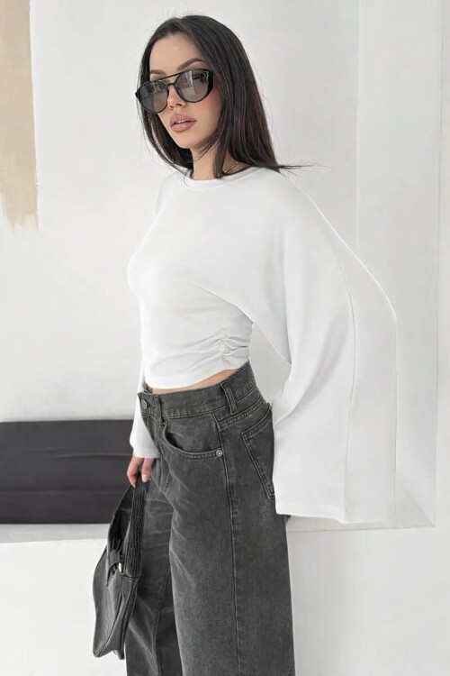 Geniş Kol Crop Bluz Beyaz