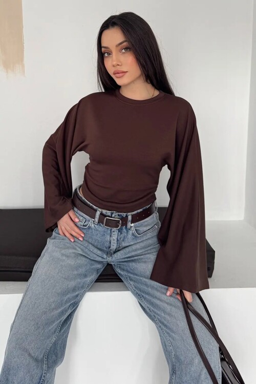 Geniş Kol Crop Bluz Kahverengi