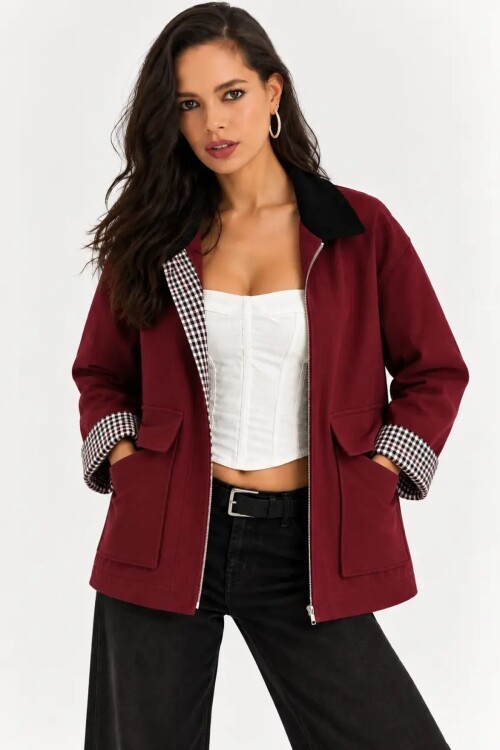 Kadın Bordo Fermuarlı Ceket Ekose Detaylı Siyah Yakalı Oversize Günlük Ceket
