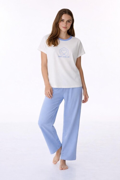 Kadın Kısa Kollu Uzun Pantolonlu Pamuklu Pijama Takımı – Rest & Relax Baskılı Mavi
