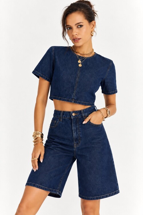 Kadın Lacivert Denim Crop Üst ve Yüksek Bel Bermuda Şort İkili Takım