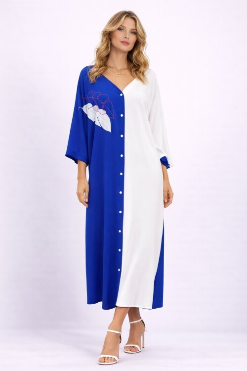 Kadın Maxi Boy Beyaz Tüy Nakışlı Gömlek Elbise