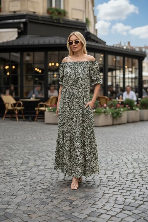 Madonna Yaka Çiçek Desenli Maxi Elbise – Rahat Kesim Yazlık Şıklık