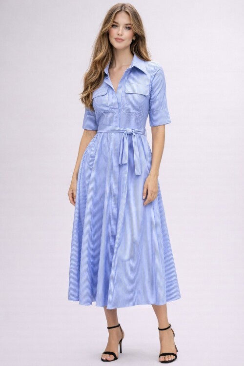 Mavi Çizgili Gömlek Yaka Midi Elbise – Rahat Kesim Günlük Şıklık