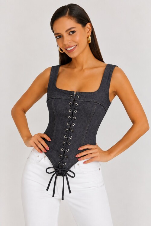 Retro Denim Bağcıklı Korse – Lacivert