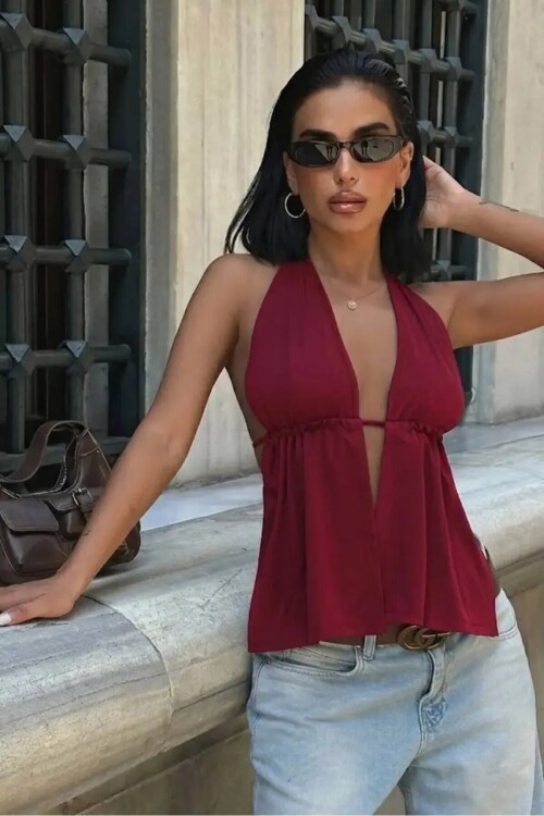 Sırtı Bağcıklı Boyundan Askılı Dekolte Bluz Bordo