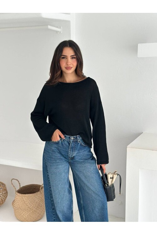 Siyah Salaş Triko Kazak – Bisiklet Yaka Günlük Şık Basic Kazak