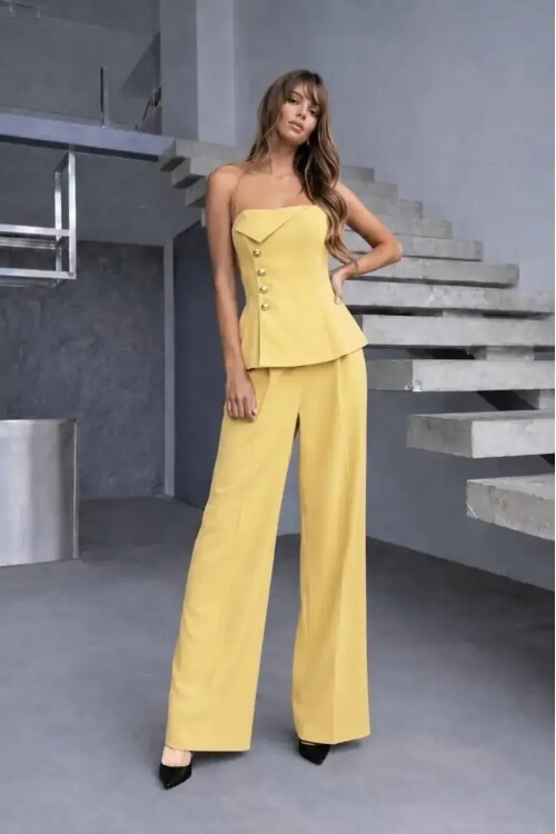 Straplez Bluz ve Pantalon Alt Üst Takım Sarı