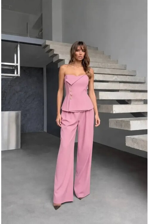 Straplez Bluz ve Pantolon Alt Üst Takım Pembe