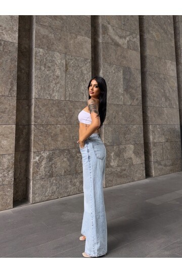Açık Mavi Düz Kesim Wide Leg Jean Pantolon