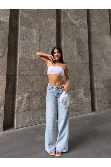 Açık Mavi Düz Kesim Wide Leg Jean Pantolon