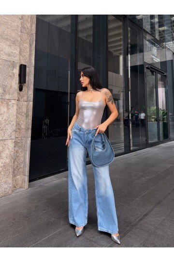 Açık Mavi Yıkamalı Wide Leg Jean Pantolon