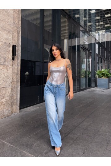 Açık Mavi Yıkamalı Wide Leg Jean Pantolon