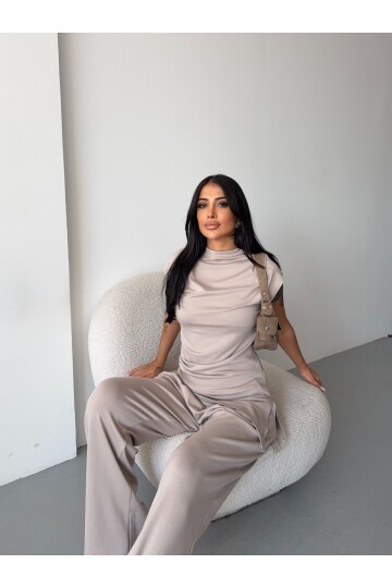 Asimetrik Bluz ve Pantalon Takım Bej