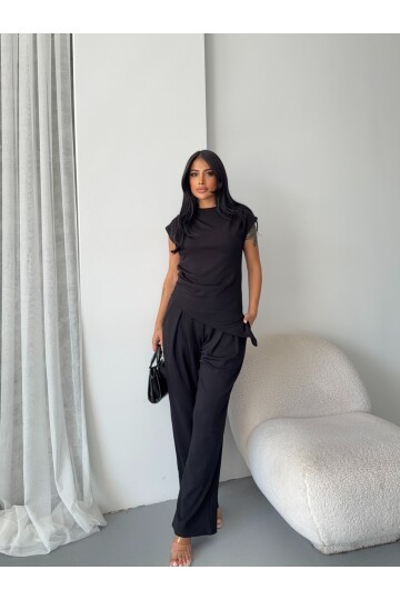 Asimetrik Bluz ve Pantalon Takım Siyah