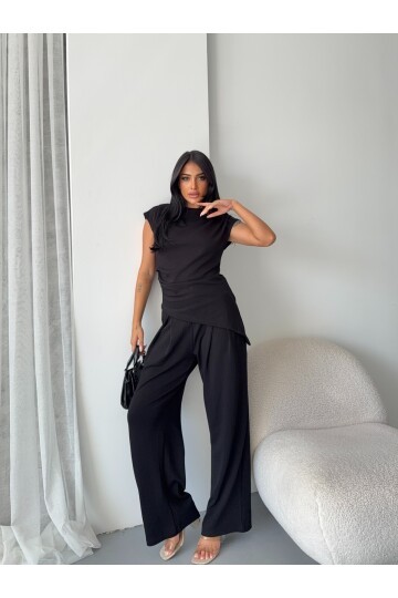 Asimetrik Bluz ve Pantalon Takım Siyah