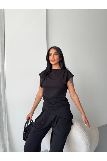 Asimetrik Bluz ve Pantalon Takım Siyah