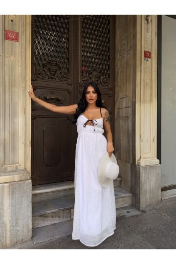 Askılı Göğüs Bağlama Detay Keten Elbise Beyaz