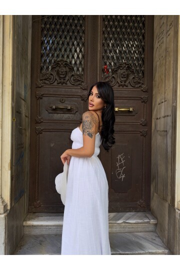 Askılı Göğüs Bağlama Detay Keten Elbise Beyaz