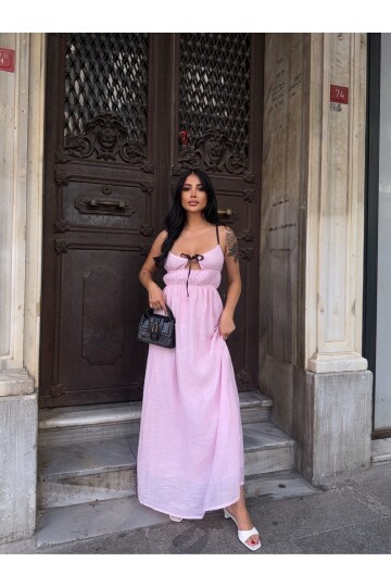 Askılı Göğüs Bağlama Detay Keten Elbise Pembe