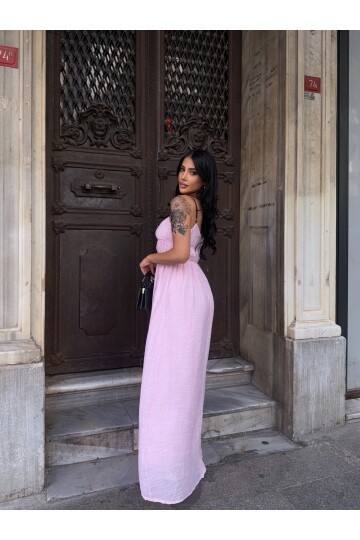 Askılı Göğüs Bağlama Detay Keten Elbise Pembe