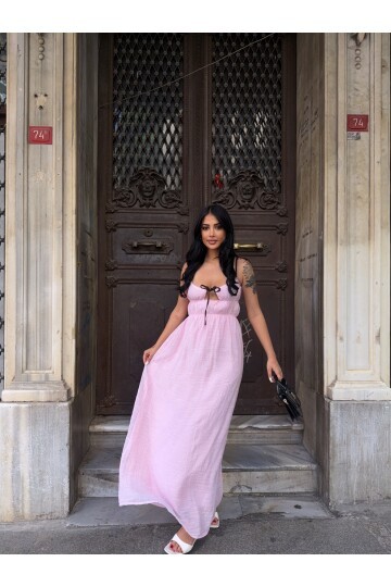 Askılı Göğüs Bağlama Detay Keten Elbise Pembe