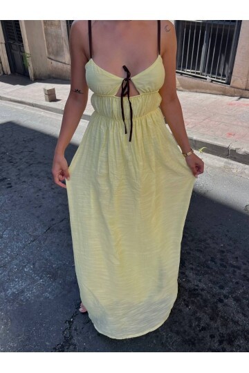 Askılı Göğüs Bağlama Detay Keten Elbise Sarı