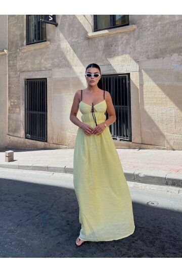 Askılı Göğüs Bağlama Detay Keten Elbise Sarı