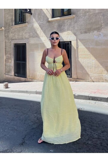 Askılı Göğüs Bağlama Detay Keten Elbise Sarı