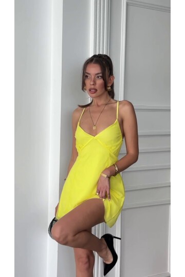 Astarlı Tül Mini Elbise Sarı