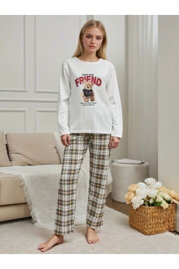 Ayıcık Baskılı Kareli Alt Şardonlu Kadın Pijama Takımı