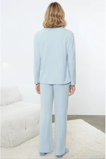 Ayıcık Baskılı Mavi Uzun Kollu Pijama Takımı