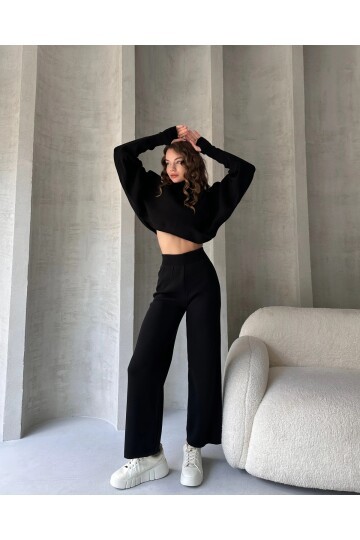 Balıkçı Crop Kazak ve Pantolon Triko Takım