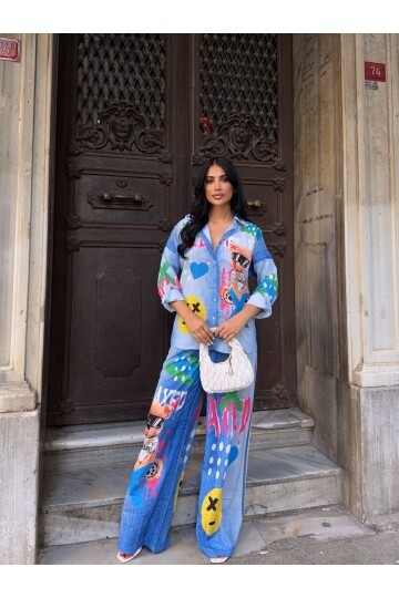Baskılı Jean Efekt Gömlek Pantalon Takım